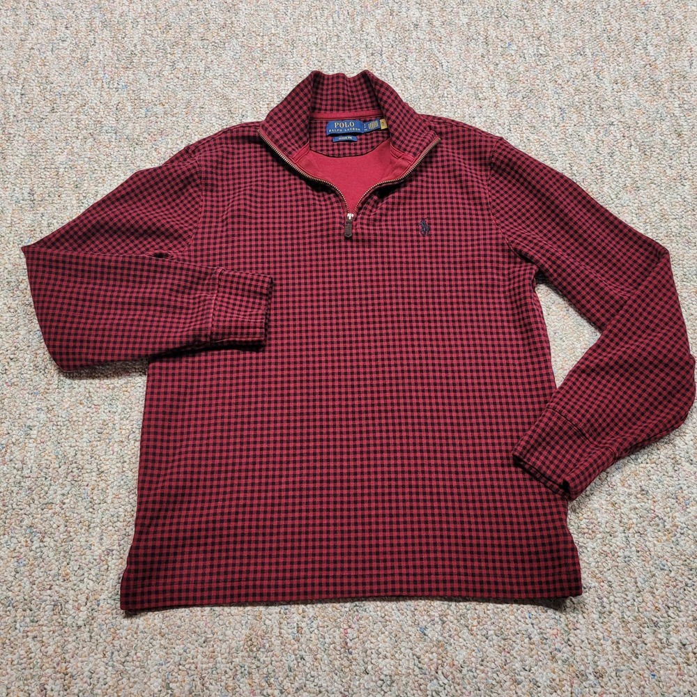 Polo Ralph Lauren Estate Rib Quarter Zip Sweater Mens Small Red Gingham Pony